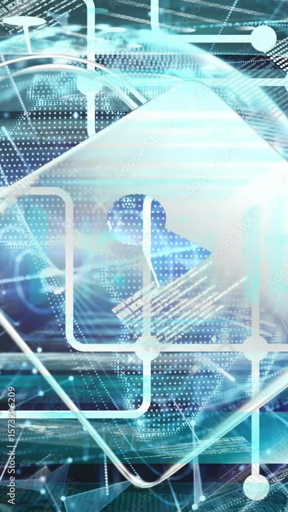Poster animation of network of connections over padlock icon and data processing on black background