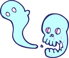 cartoon spooky skull in bright neon color