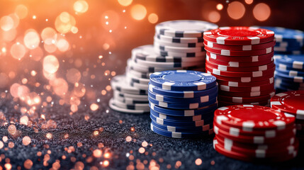 Close-Up of Colorful Gambling Chips at Casino Table &ndash; Generative AI