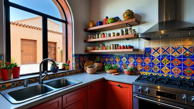 Colorful Mexican style kitchen with wooden shelves, cabinets, tiles and window with outdoor view. Kitchen, interior design.