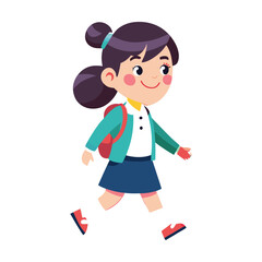 Happy young girl with backpack walking to school on a bright day