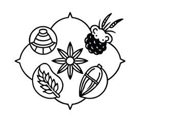 Black Silhouette Icons of Flower, Leaf, Nut, Berry, and Beehive