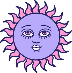 iconic tattoo style image of a sun with face in bright neon color