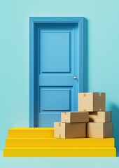 Bright conceptual 3D illustration of cardboard boxes stacked in front of a vibrant blue door on yellow stairs. Perfect for logistics, shipping, moving, and e-commerce visuals
