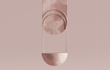 3D podium display levitating on pastel pink background. Cosmetic beauty product promotion pedestal with gold. Frame showcase. Abstract minimal studio 3D render mockup.