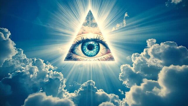 Shining Eye of Providence in the blue cloudy sky. All-seeing God's eye in heaven. Symbol of Illuminati and Freemasons