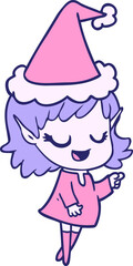 happy hand drawn line drawing of a elf girl pointing wearing santa hat in bright neon color