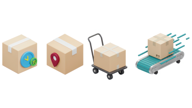 Delivery Process Icons: On-Time, Location, Hand Truck, Conveyor Belt - 3D Rendered Illustration