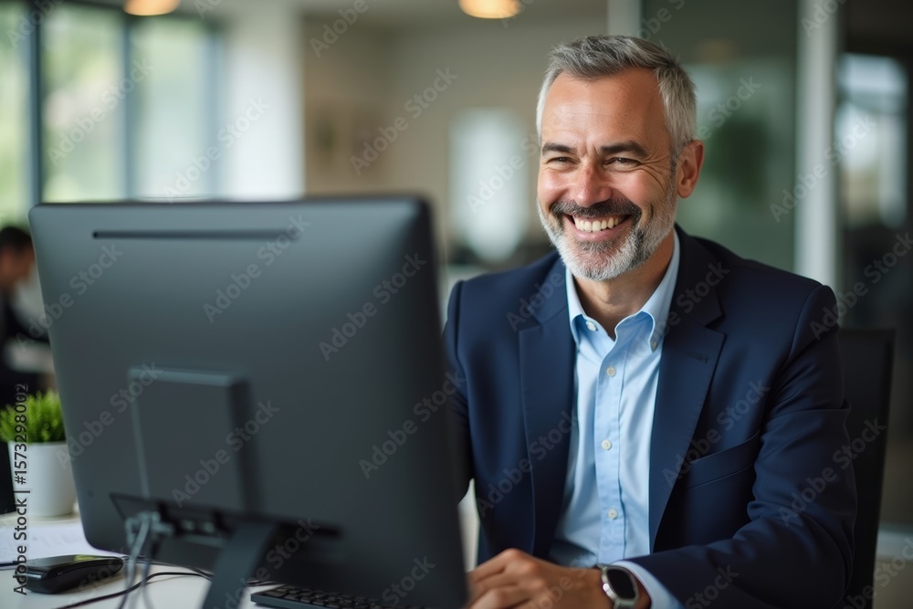 Poster elderly gentleman in professional attire happily using a computer at work.
