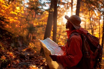man reading a map while walking in the forest