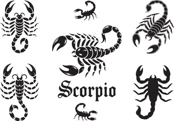 Scorpio Silhouette Vector Set, Scorpio Vector Collection, Scorpio Zodiac Silhouettes, Scorpion Black and White Icons.
