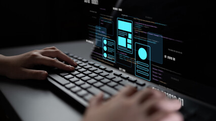 UI UX mockup showing application layout, structure, and code interface. UI design defines user...