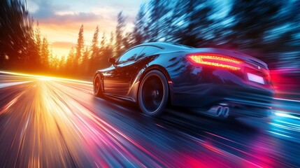 Dynamic motion of a futuristic car on a colorful illuminated road at night