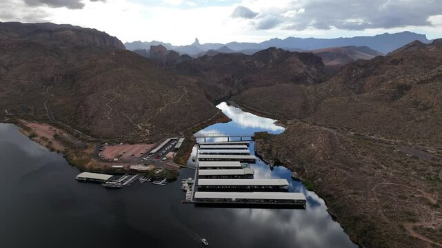 Aerial view of Canyon Lake and mountains, United States.