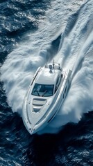 Speeding yacht contrasts with ocean waves during a clear day, top view, phone wallpaper