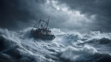 Fishing boat sailing in stormy sea with dramatic sky