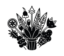 Black Silhouette Icons of Potted Plants and Floral Elements