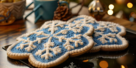 Obraz premium Snowflake-patterned cookies with festive decorations on table 