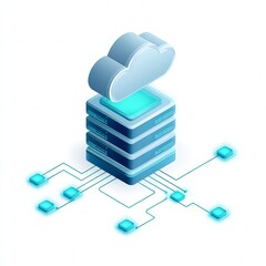 isometric icon of a cloud server stack connected with digital nodes and data streams, tech blue and cyan colors, elegant modern flat vector style