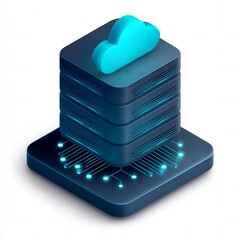 isometric icon of a cloud server stack connected with digital nodes and data streams, tech blue and cyan colors, elegant modern flat vector style