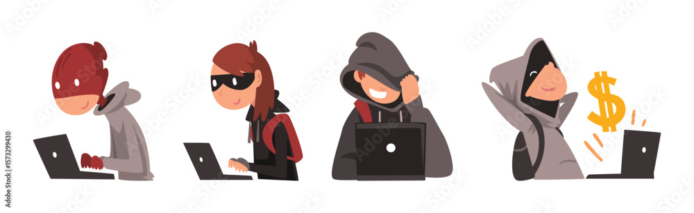 Poster man hacker character stealing money online vector set