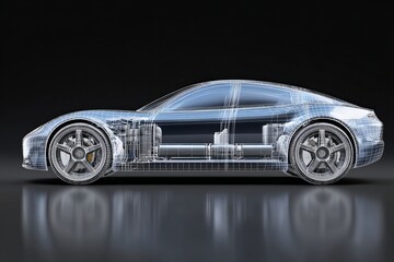 side view wireframe model of an autonomous electric vehicle, transparent panels, internal sensors and circuits visible, sci-fi blueprint aesthetic