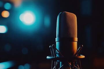 Professional studio microphone in dramatic blue and orange lighting. Captures the mood of music production, podcasting, broadcasting, and audio recording.