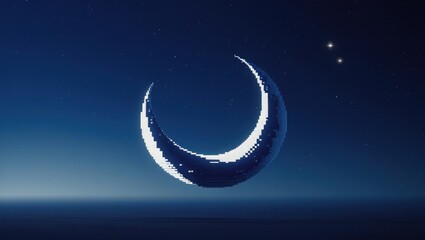 Fototapeta premium A stylized crescent moon glows against a dark blue night sky with stars.