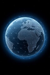 wireframe model of Earth with rotating tech grid, glowing data nodes and connections across continents, floating in space
