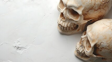 Two detailed decorative skulls on a white textured surface.