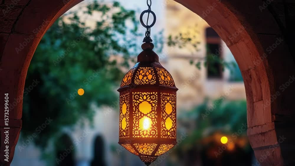 Poster light illuminating a pathway with traditional lantern hanging from an archway during dusk.