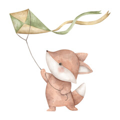 Woodland friends. Watercolor hand-drawn illustration with cute fox and kite. For design baby partyes, baby shower, birthday, and nursery.