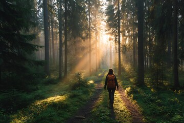 woman walking along in the forest