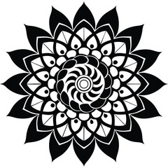 Intricate Black and White Mandala Design  Circular Floral Pattern with Swirling Centerpiece