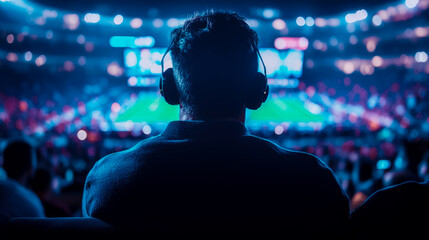 Captivated spectator wearing audio headphones experiencing an exciting live sports event or esports competition in a brightly lit arena, an immersive entertainment concept.