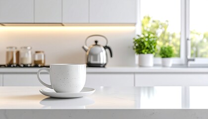Modern kitchen interior with speckled teacup and electric kettle