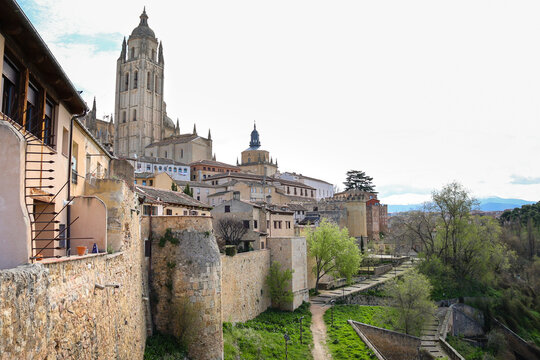 Panoramic view of Segovia city and the Cathedral next to the Eresma river