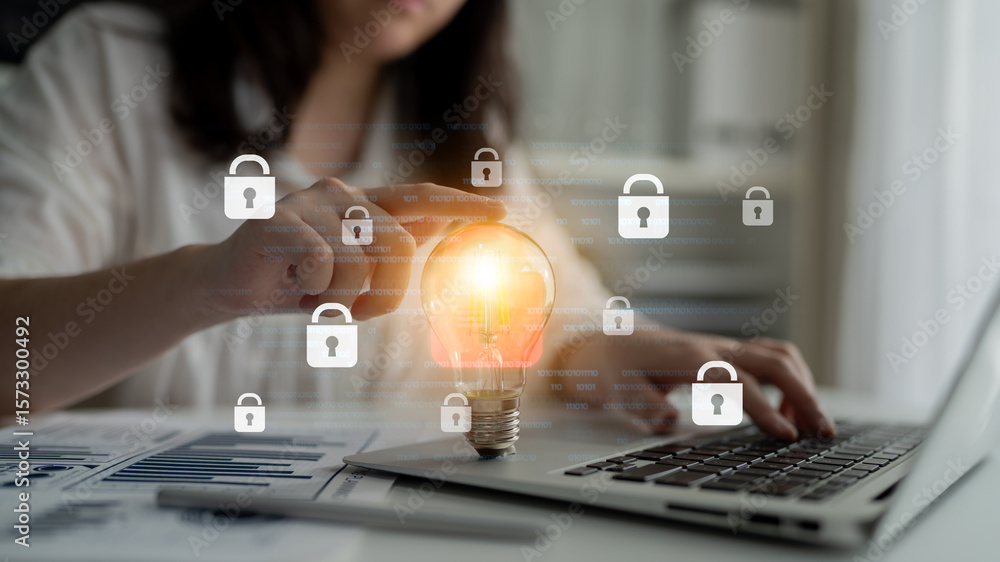 Poster digital security concept illustrating a cybersecurity breach, with a red unlocked padlock indicating