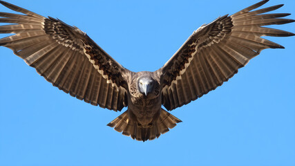 Obraz premium A vulture is soaring through a clear blue sky, displaying its magnificent wingspan and distinct features, embodying the beauty of wildlife in its natural habitat