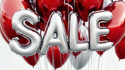Shiny silver letter balloons spelling SALE with red heart balloons behind. Perfect for promotions, marketing campaigns, or festive events.