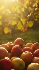 Close-up of a pile of fresh red apples covered in dewdrops, bathed in warm sunrise light. Autumn orchard atmosphere, natural and healthy food concept.