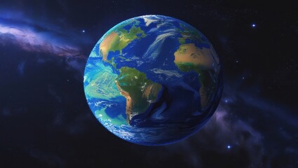 Obraz premium Earth seen from space, a vibrant blue and green sphere, surrounded by dark space and nebulae.