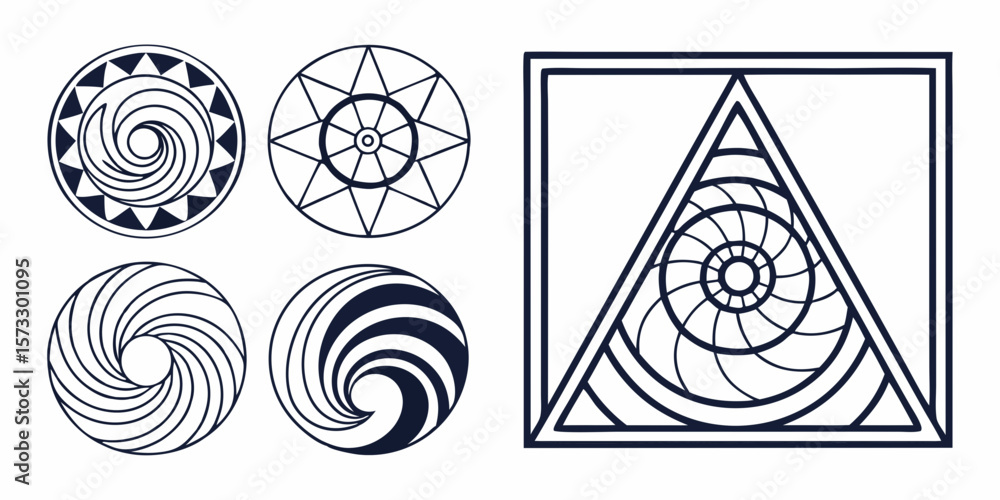 Aufkleber Geometric Harmony: A collection of intricately crafted circular and triangular geometric patterns and shapes with a focus on harmonious design and balance.