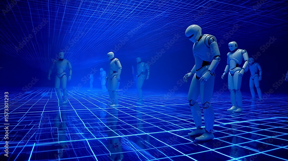 Poster robotic experts testing virtual ai simulations projected into a glowing blue light grid of complexit