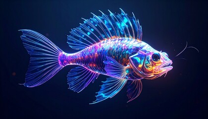 Fototapeta premium A beautifully surreal anglerfish with a mesmerizing, translucent body and vibrant, iridescent colors glowing through its transparent fins and bioluminescent lure.