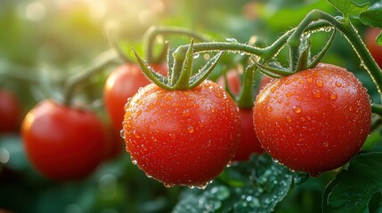Close-up of ripe cherry tomatoes covered in morning dew, hanging on the vine in a vibrant green garden. Captured in soft backlight, showcasing freshness, organic farming, and natural beauty.