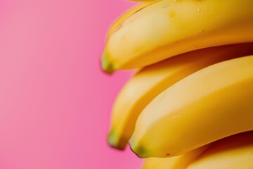 Close-up of yellow bananas with a vivid pink background. Healthy tropical fruit in modern minimal style with copy space.