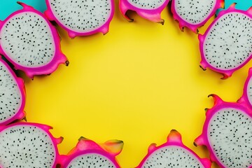 top-down view of halved dragon fruits, a bright yellow background. Eye-catching minimalistic composition with copy space in the center, ideal for tropical and exotic food themes.