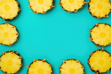 Flat lay of symmetrical pineapple slices on a turquoise blue background forming a frame. Bright and modern tropical fruit concept with ample copy space for design or advertising.