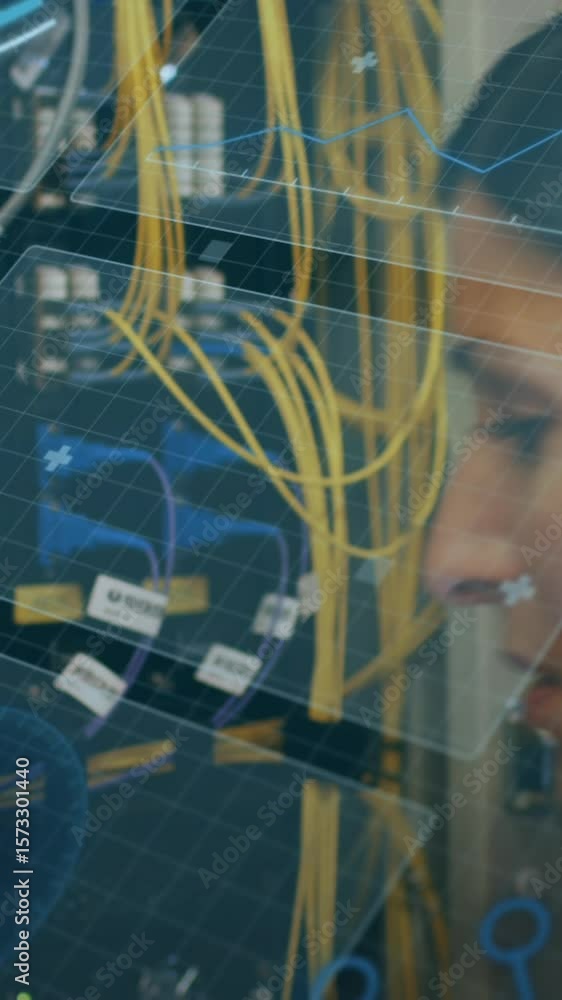 Poster animation of interface with data processing over female engineer working at server room